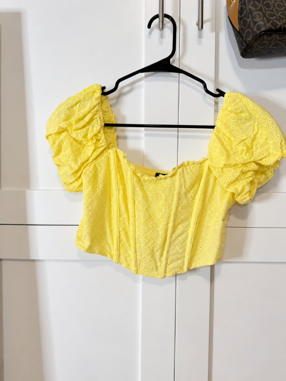 Wild Fable Yellow Eyelet Puff Sleeve Corset Crop Top | size XS